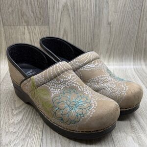 Dansko Tan Floral Embroidered Mules